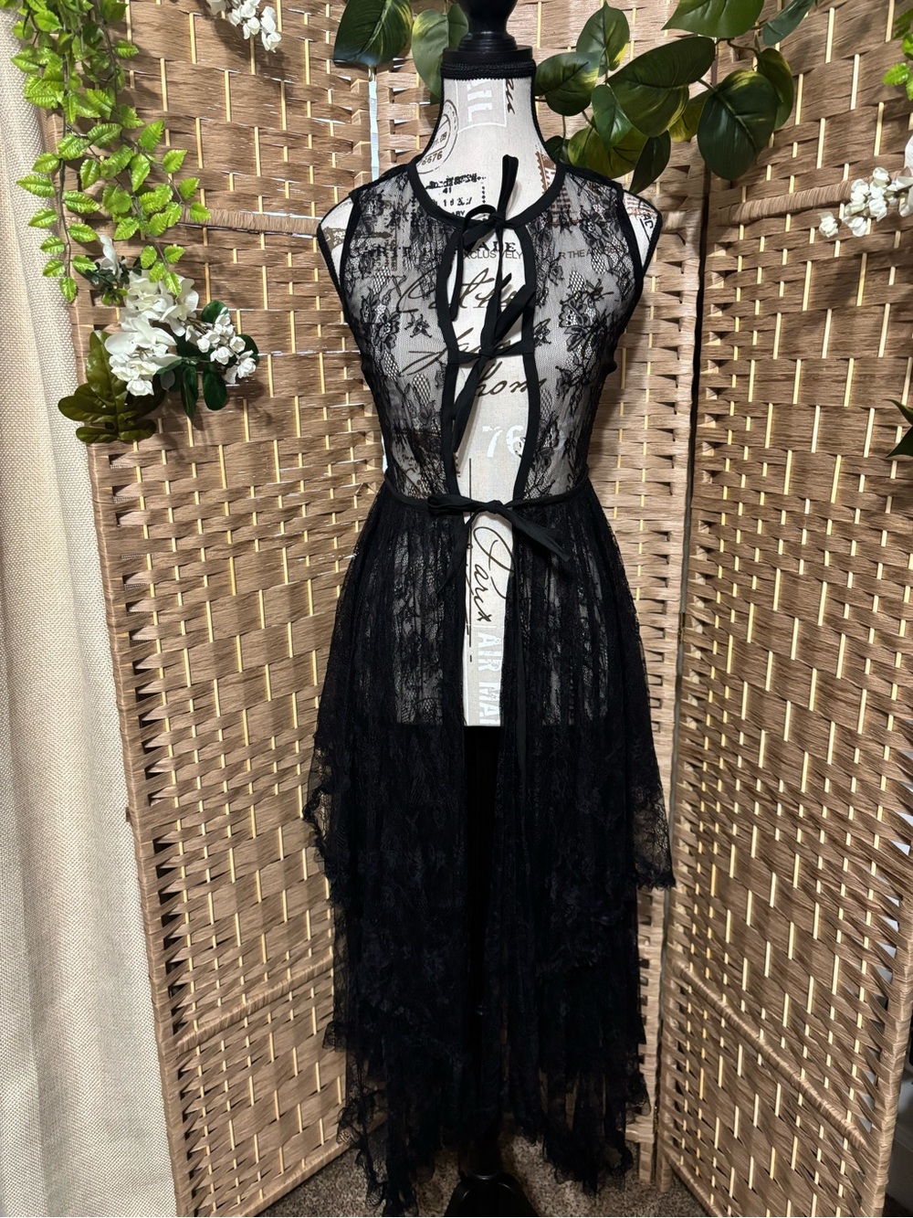 NWOT Altar'd State Black Sheer Lace Tie-Front Duster